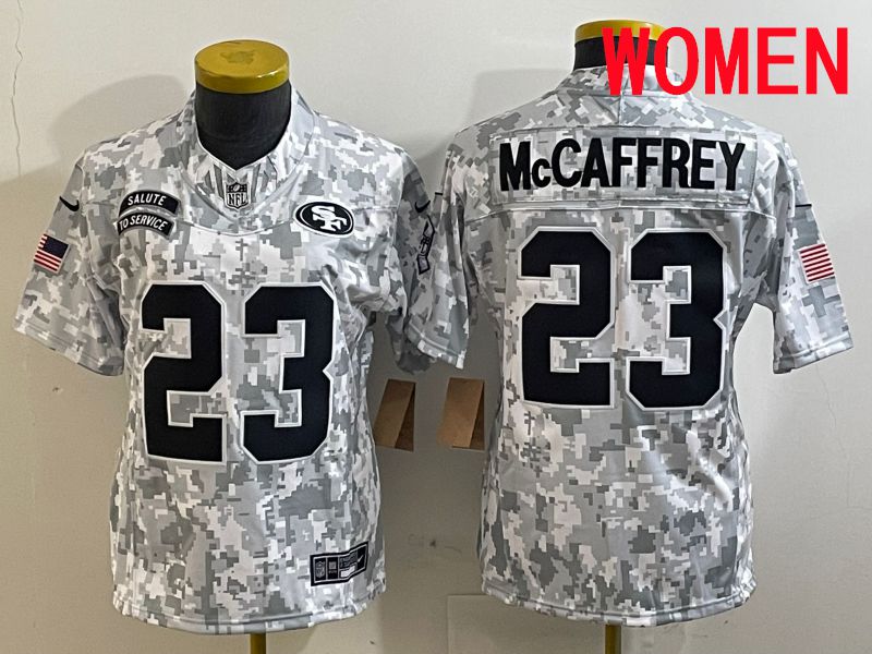 Women San Francisco 49ers #23 Mccaffrey Nike Arctic Camo 2025 Salute to Service Limited NFL Jersey style 1
